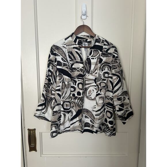 Chico's Silk Linen Blend Geometric Design Blazer Womens Size Large Black Tan - Picture 1 of 7